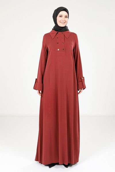 Beyza Burgundy Color Dress - with Collar and Button'Optionsu 9215 Model Number