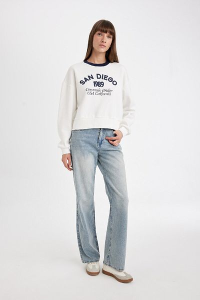 DeFacto Boxy Fit Crew Neck Printed Thick Sweatshirt D8723Ax24Wn