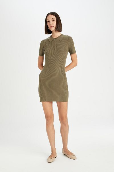 DeFacto Polo Neck Mini Knitwear Dress - Short Sleeve, Body Fitting D8718Ax24Au