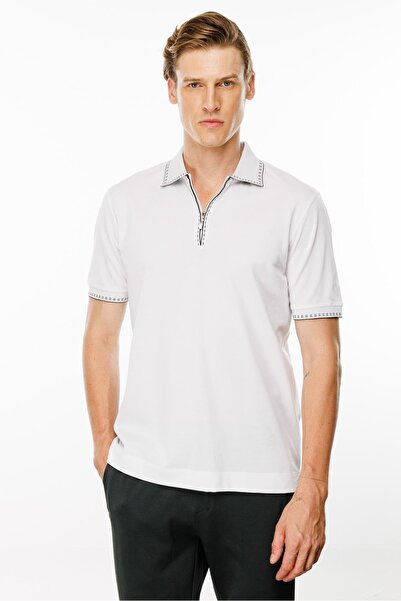 Desen Triko Λευκό ανδρικό μπλουζάκι πόλο με φερμουάρ