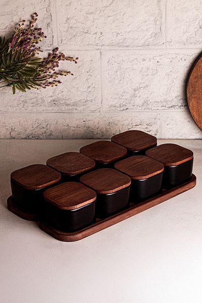 Snippy Luma Black - 10 Piece Tray Wooden Vacuum Lid Ceramic Breakfast Bowl Snack Bowl 300 ml