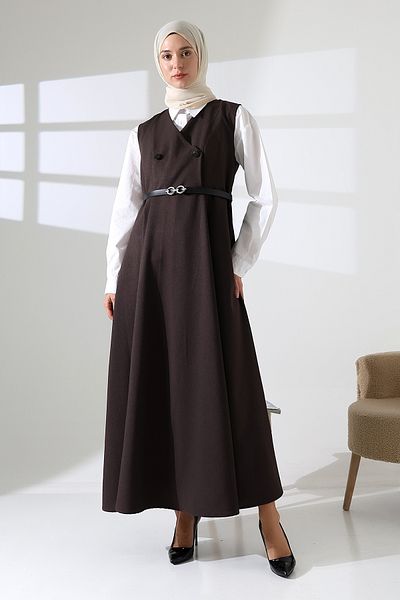 Mihran Butik Γυναικείο υφαντό φόρεμα με κουμπιά και ζώνη καφέ Gilet