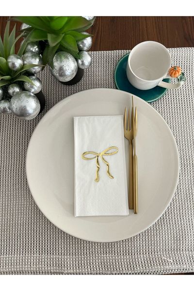kidspartim Gold Gilded White Bow Printed Waiter Fold Napkin 16 Pieces