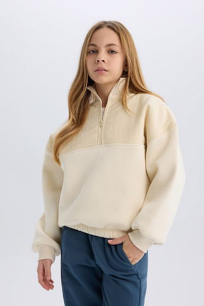 DeFacto Φούτερ για κορίτσια Oversize Φαρδιά Εφαρμογή με μισό φερμουάρ Basic Flat με μαλακό γούνινο φούτερ D6184A824WN
