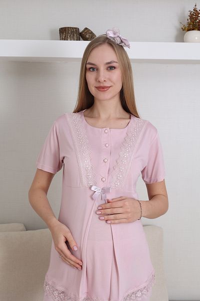 Lohussa Women's Powder Lace Special Design Cotton Maternity Maternity Dressing Gown Pajama Set Set of 3