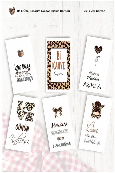 43 cici süsler organizasyon Leopard Patterncoffee Presentation Cards 12 Motto Cards 7X14 cm