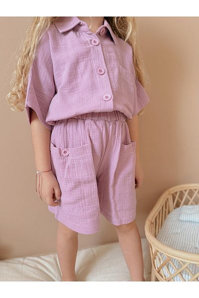 YİGİT BUTİK Yigit Boutique Girl's Set with Muslin Fabric Shorts