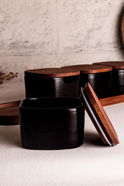 Snippy Luma Black - 5 Piece Tray Wooden Vacuum Lid Ceramic Breakfast Bowl Snack Bowl 300 ml