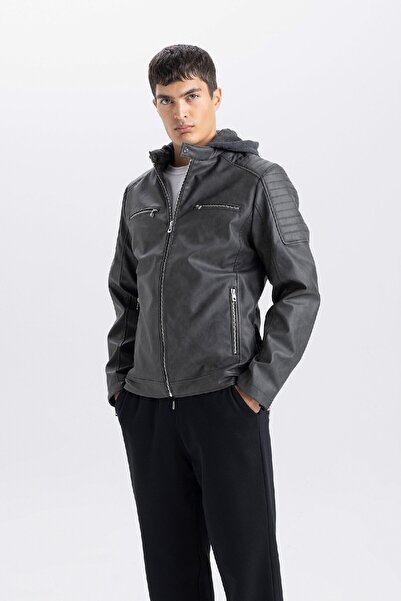 DeFacto Slim Fit Kunstledermantel Slim Fit Kapuzenreißverschluss R2523AZ25SP