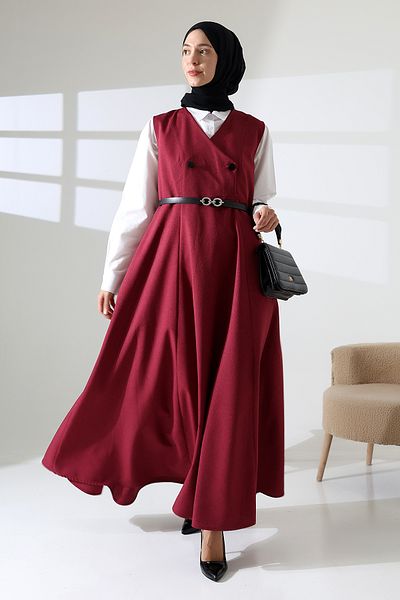 Mihran Butik Women's Woven Buttoned Belted Burgundy Gilet Dress