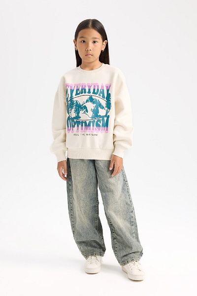 DeFacto Girl's Relax Fit Crew Neck Printed Sweatshirt D7055A824Wn