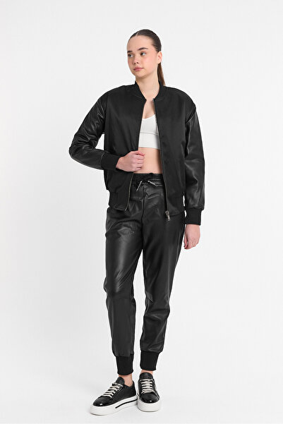 Btr Kadın Siyah Deri Ceket Pantolon Takım