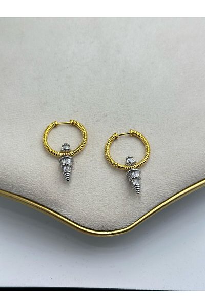 MyladyAccessoriess Double Color Baguette Stone Nail Detail Hoop Earrings (Steel)