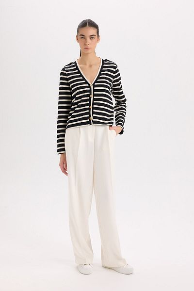 DeFacto V-Neck Striped Corded Cardigan - Buttoned, Regular Fit D5530Ax24Au