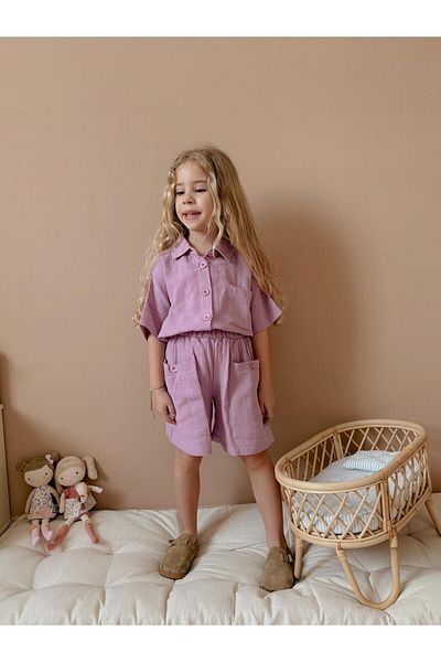 YİGİT BUTİK Yigit Boutique Girl's Set with Muslin Fabric Shorts