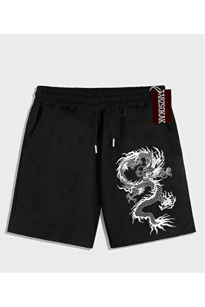Tarzsokak Siyah Şort KOD Trend EMRG Erkek Ejderha Baskılı