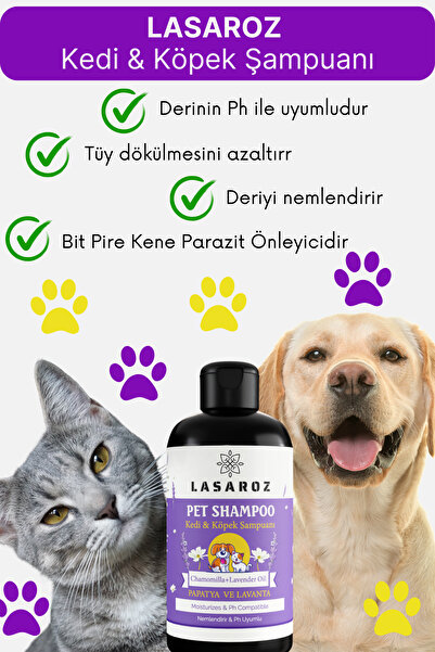 lasaroz 2 ADET Kedi Köpek Şampuanı Lavanta ve Papatya Yağlı Tüy Dökme Önleyici Nemlendirci Etkili 250 ml