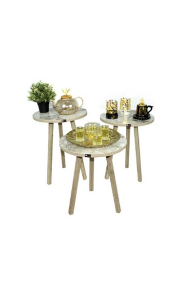 ROYAL ROSE Set of 3 Round Coffee Tables - Live Furniture | Dining Furniture 50 x 38 cm White/Brown 50x38 cm