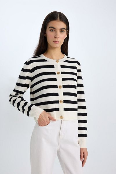 DeFacto Regular Fit Striped Crew Neck Knitwear Cardigan C1501Ax25Sp