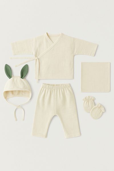 Magu Unisex Baby Cotton Ecru Rabbit Eared 5 Piece Hospital Outlet Set
