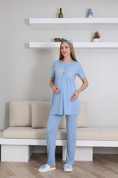 Lohussa Set de pijamale pentru maternitate, din bumbac, cu design special, din dantela albastra, set de 3