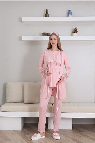 Lohussa Women's Salmon Lace Maternity Maternity Pajamas Set of 3 Cotton Special Design