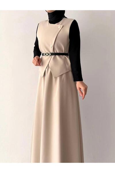Moda Asrın Asrın Bej Kemerli Yelek Etek Takım Siyah