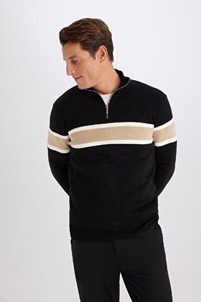 DeFacto Standard Fit Regular Cut Turtleneck Semi Zip Striped Knitwear Sweater Y4193Azns