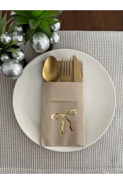 kidspartim Gold Gilded Kraft Pocket Bow Napkin 12 Pieces