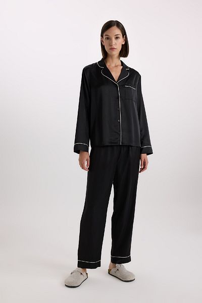 DeFacto Pajama Set Satin Long Sleeve Pajama Top Long Stretchy Waist Pajama Bottom-Fall in Love C9444Ax25Sp