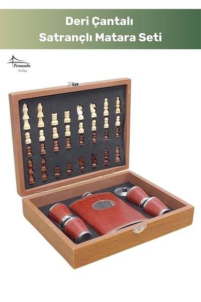 Fernanda Premium Stainless Steel Chess 8.oz 4 Shot Glass Alcohol Leather Flask Set with Wooden Box 24*18 cm