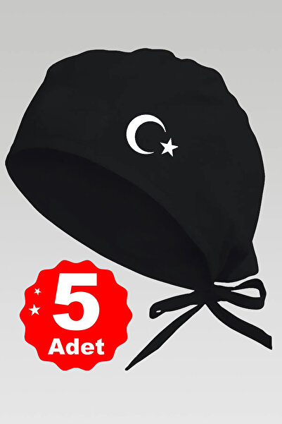 enmalife 5li Beyaz Ay Yıldız Basklılı Siyah Özel Tasarım Aşçı Ve Şef Bonesi
