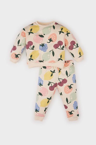 DeFacto Fruit Print Baby Girl Sweatshirt and Sweatpants Set - Crew Neck, Elastic Waist E0201A525Sp