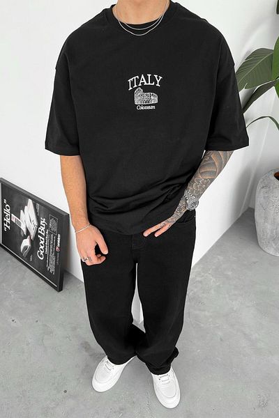 HAFKAGİYİM Μαύρο ιταλικό κέντημα λεπτομέρειας Oversize T-shirt