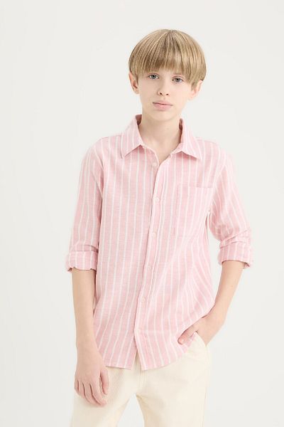 DeFacto Boys - Polo Neck Stripe Linen Shirt, Long Sleeve D7878A825Sm
