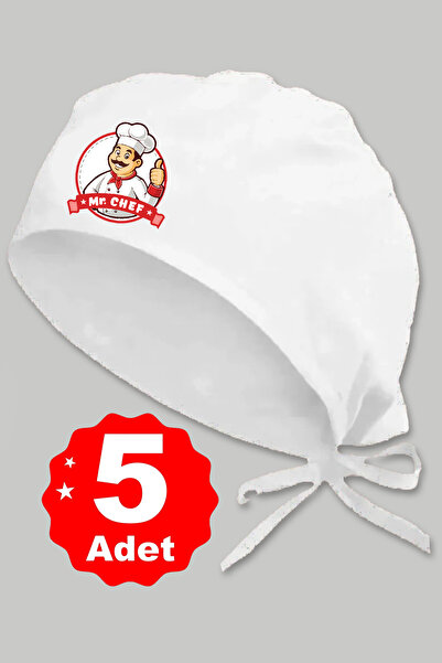 enmalife 5li Mr. Chef Logo Basklılı Beyaz Özel Tasarım Aşçı Ve Şef Bonesi