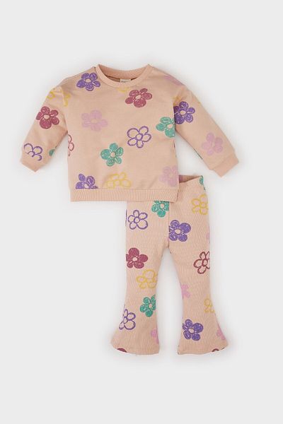 DeFacto 2-Piece Floral Print Sweatshirt and Flared Leg for Baby Girl - Crew Neck, Elastic Waist E0200A525Sp