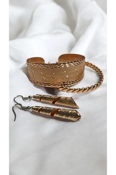 PrestigeSO Women's Copper Bracelet Earrings Set Special Engraved Paintless – Elegance and Naturalness Together