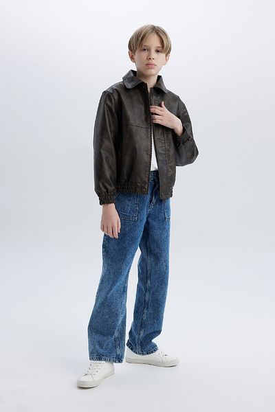DeFacto Boy's Polo Neck Zip-Up Faux Leather Jacket - D5912A825Sp