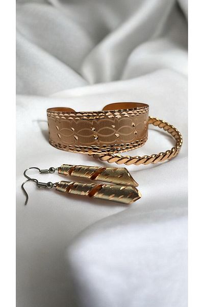 PrestigeSO Women's Copper Bracelet Earrings Set Special Engraved Paintless – Elegance and Naturalness Together