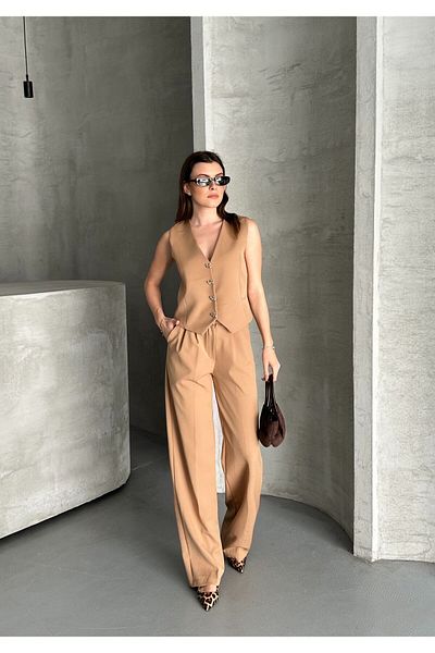 aytenli Double Fabric Bow Button Lined Vest Front Pleated Pocket Half Elastic Waist Wide Pants Suit