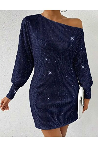 Genel Markalar KAYIK YAKA UZUN KOLLU PUL PAYET MİNİ ELBİSE