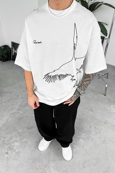 HAFKAGİYİM Μπλουζάκι Oversize Κεντημένο Λευκό Πουλί