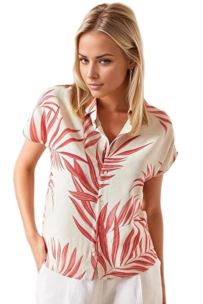 Cassime Women's Red Leaf Patterned Linen Bat Short Sleeve Shirt