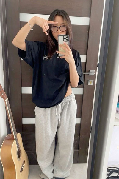 Grove Fashion تي شيرت ST Tag Minimal مطبوع للجنسين مقاس كبير