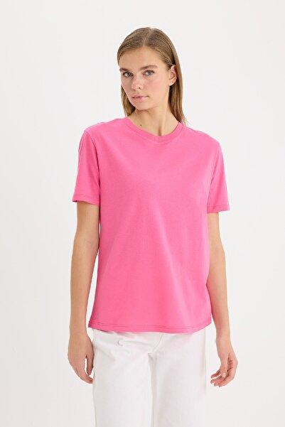 DeFacto Regular Fit Crew Neck Combed Basic Short Sleeve Pink T-Shirt W9584Az25Sp