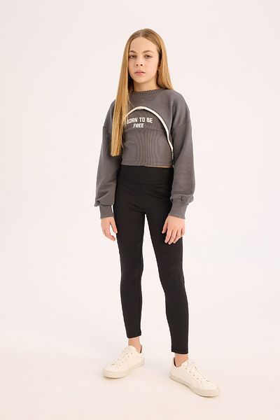 DeFacto Girl's Crop Crew Neck Printed Sweatshirt E0456A825Sp