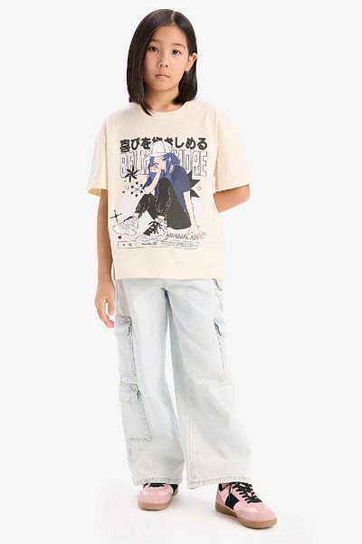 DeFacto Girl's Oversize Wide Fit Crew Neck Printed Short Sleeve T-Shirt E0356A825Sm