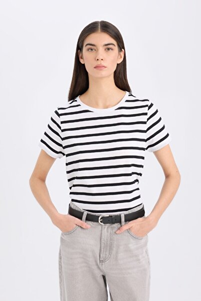 DeFacto Μπλουζάκι με κοντό μανίκι με ριγέ λαιμόκοψη κανονική εφαρμογή C2612ax25sp