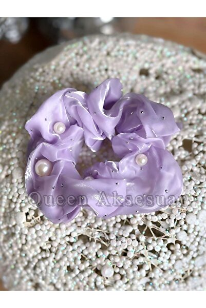 QUEEN AKSESUAR Luxury Stone Pearl Ornamented Purple Lilac Scrunchie Shiny Satin Fabric Rubber Scrunchy